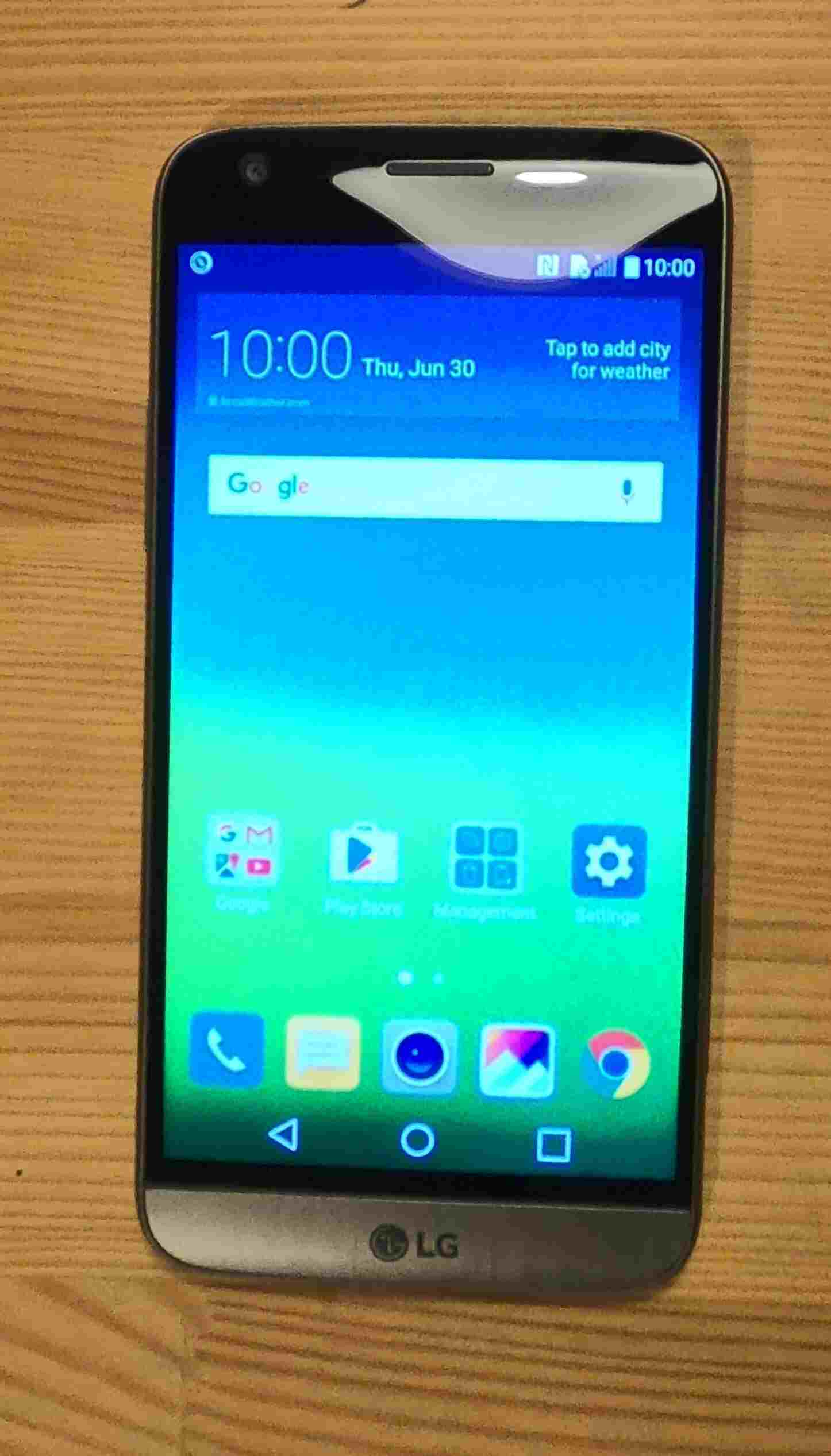 Picture of an LG G5
		smartphone showing its front. The screen is turned on and shows the
		homescreen.